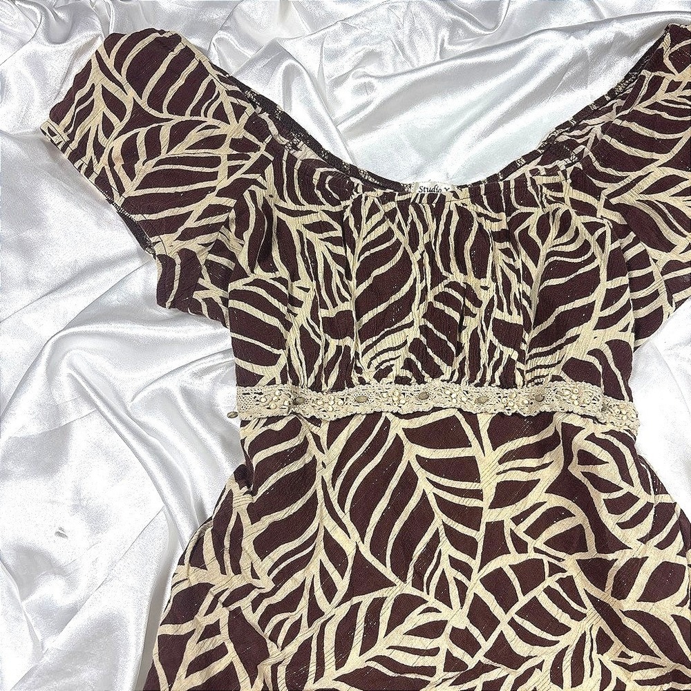 y2k Studio Y Babydoll Tunic Brown Leaf Print Beaded Crochet Trim